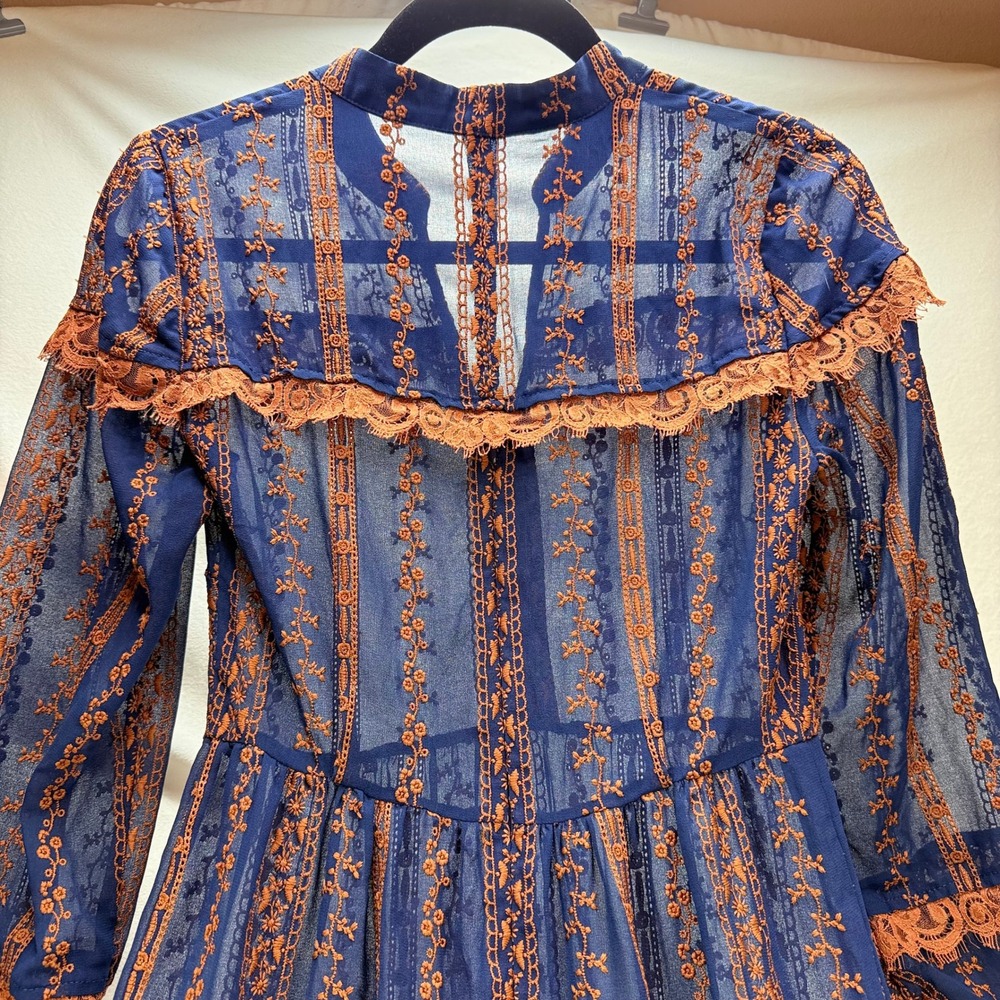 BCBGMAXAZRIA Navy Blue Orange Embroidered Lace Trim Maxi Dress Long Sleeve XXS - Picture 2 of 16